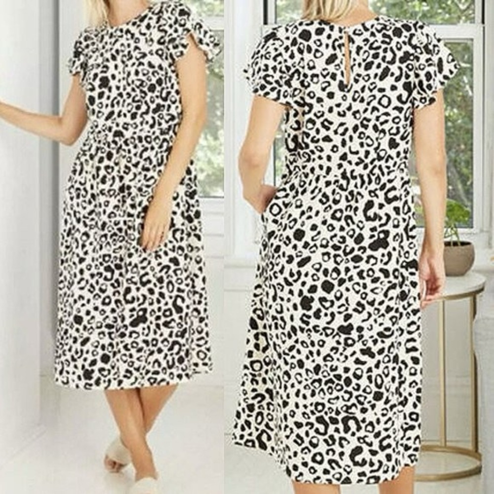 Who What Wear | Women’s cream/black leopard print flutter sleeve midi dress, S